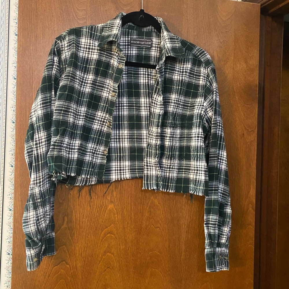 David Taylor Green and White Plaid Cropped Shirt